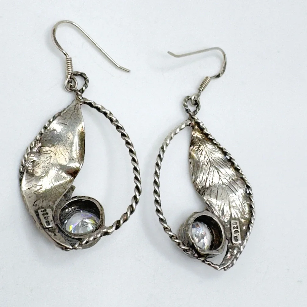 Artisan Sterling Silver CZ Earrings Leaf Modernist Artistic 2" - Picture 4 of 7